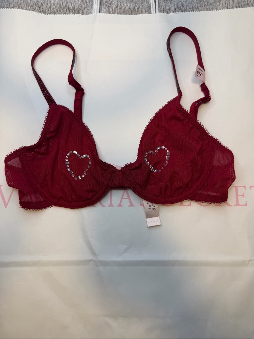 Victoria’s Secret 32B Red Rhinestone Heart Unlined Bra NWT
